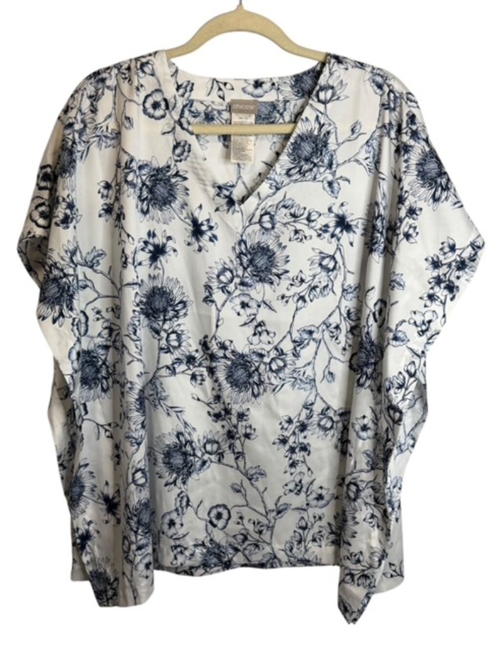 Chico's Blouse Women's Small/Medium Floral Oversized Caftan Tunic Blue White